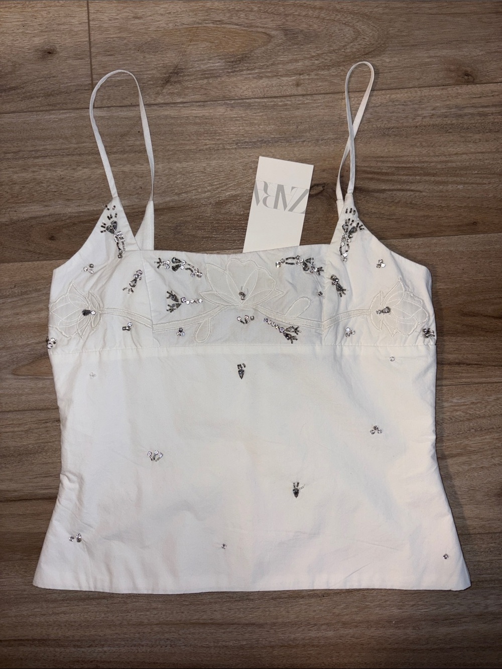ZARA White Embroidered Spaghetti Strap Camisole